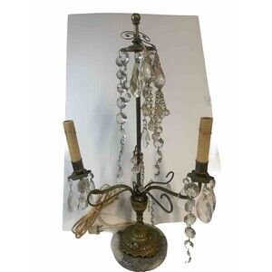 Girandole Lamp Tear Drop Crystal Prisms Table Waterfall Brass Candlestick WORKS